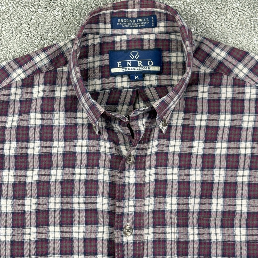 Enro Button Down Shirt Mens M Burgundy Plaid English Twill Traditions Preppy
